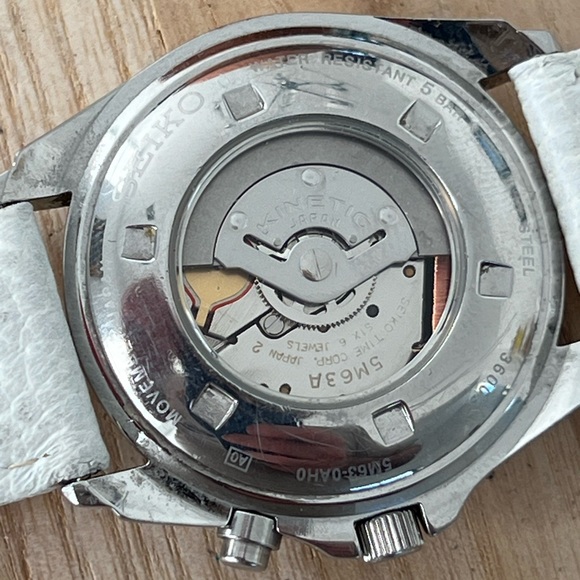 Seiko Kinetic Rare Automatic Men’s Watch Blue Dial White Leather Strap Date - Picture 11 of 17